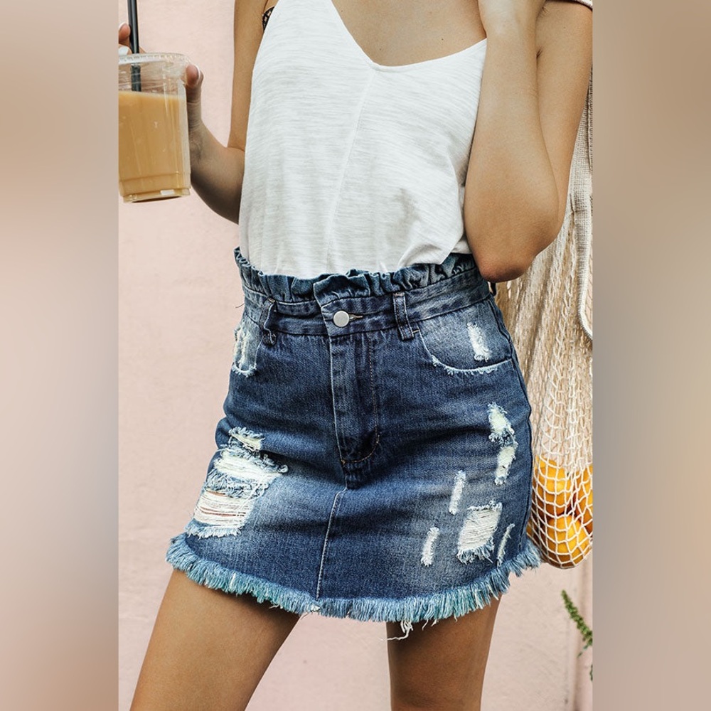 Hayden LA Paperbag Waist Distressed Denim Mini Skirt Size L Boho Festival - Picture 10 of 13